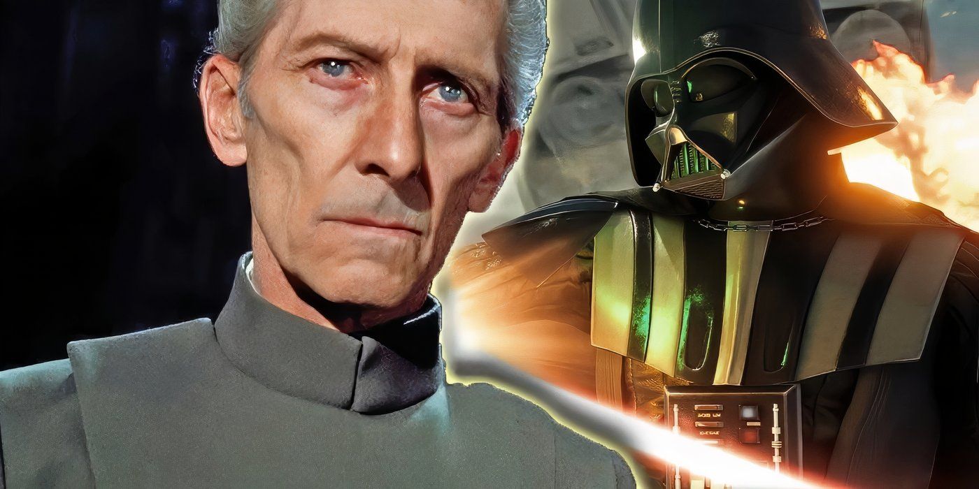Star Wars' Grand Moff Tarkin with Darth Vader wielding his lightsaber behind him.
