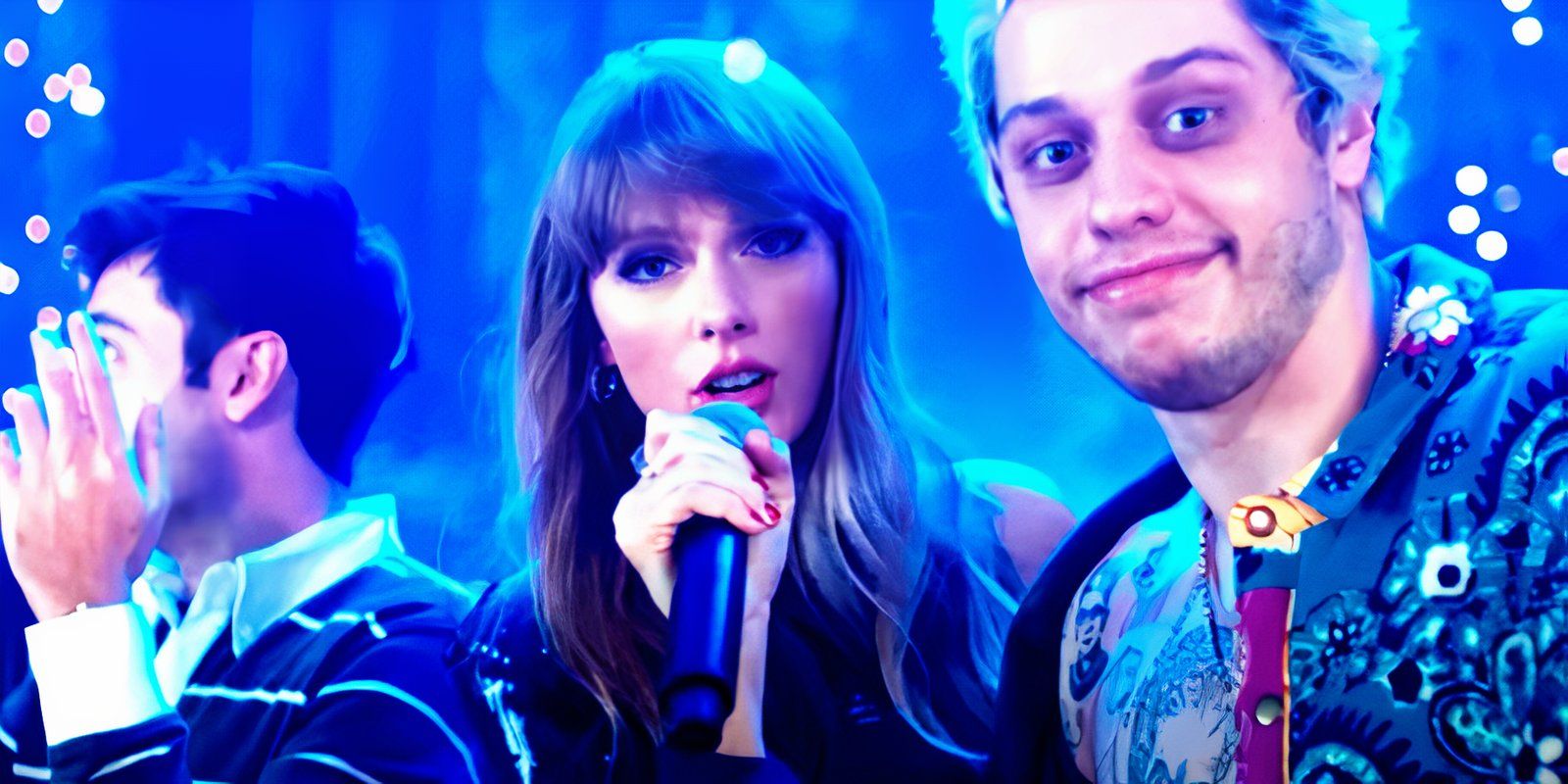 Taylor Swift singing while next to Pete Davidson in an SNL skit