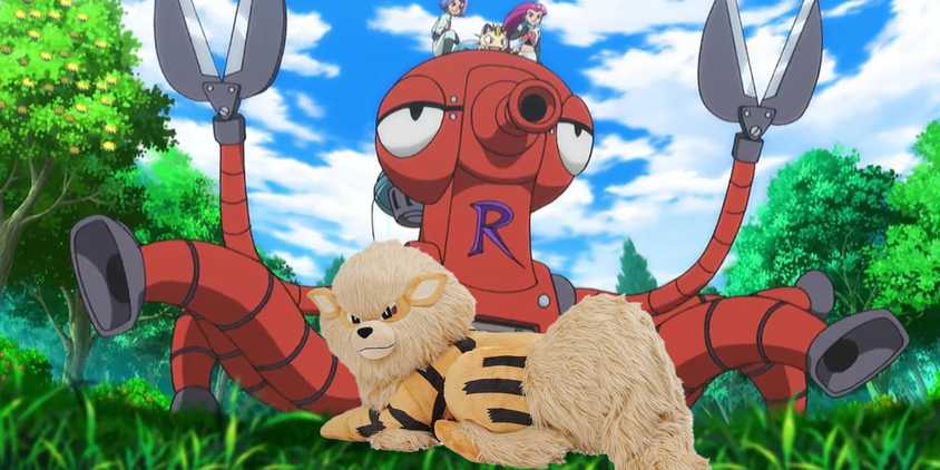 Team ROcket standing over an Arcanine Plush
