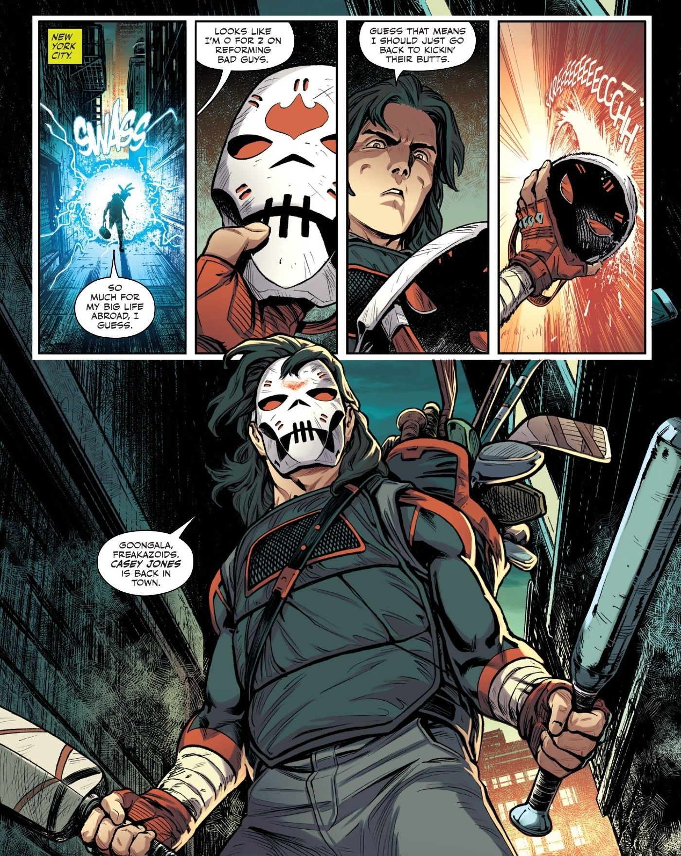 Teenage Mutant Ninja Turtles Mutant Nation #4 Casey Jones removes the clan symbol from the feet of his mask and prepares