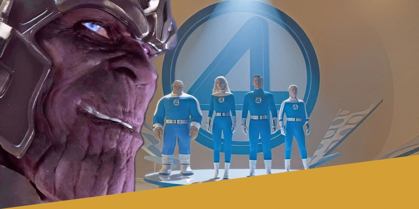 MCU&rsquo;s Thanos with the live-action Fantastic Four behind him.