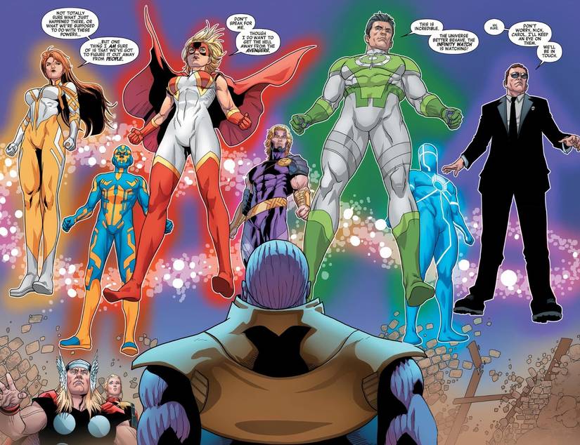 Thanos surrendering to the Infinity Watch as they hover above him.