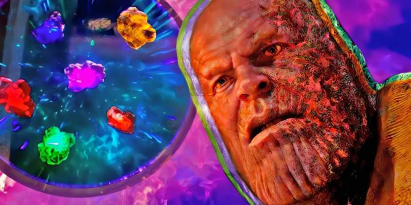 MCU's Thanos with the side of his face burned with the Infinity Stones floating behind him.
