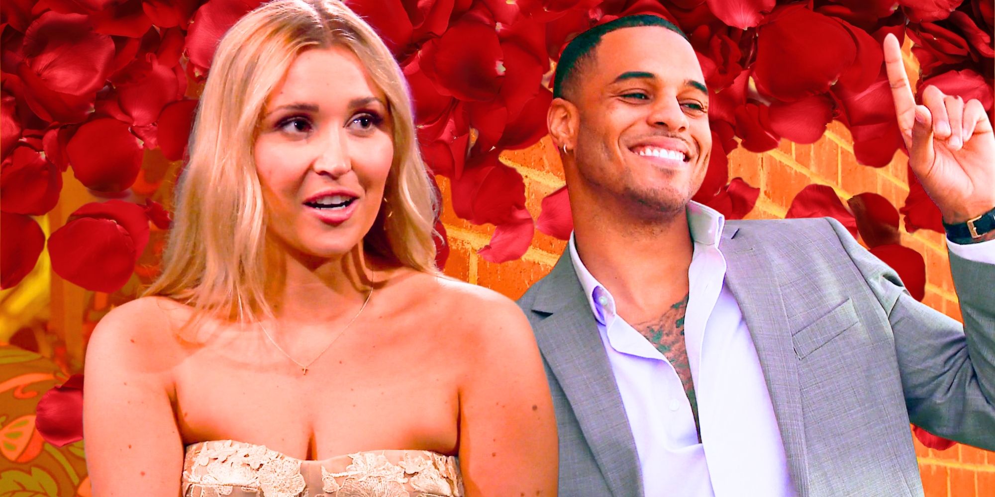 The Bachelor 29 Natalie Phillips &amp; Grant Ellis in side by side images looking hopeful with rose petal background