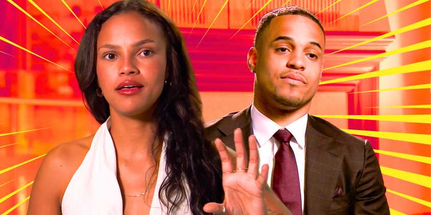 The Bachelor Season 29’s Alexe Godin and Grant Ellis look serious in front of an orange, red and yellow background.