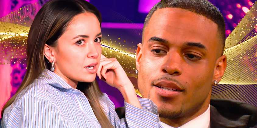 the bachelor star grant ellis in serious montage with carolina sofia and gold and purple background