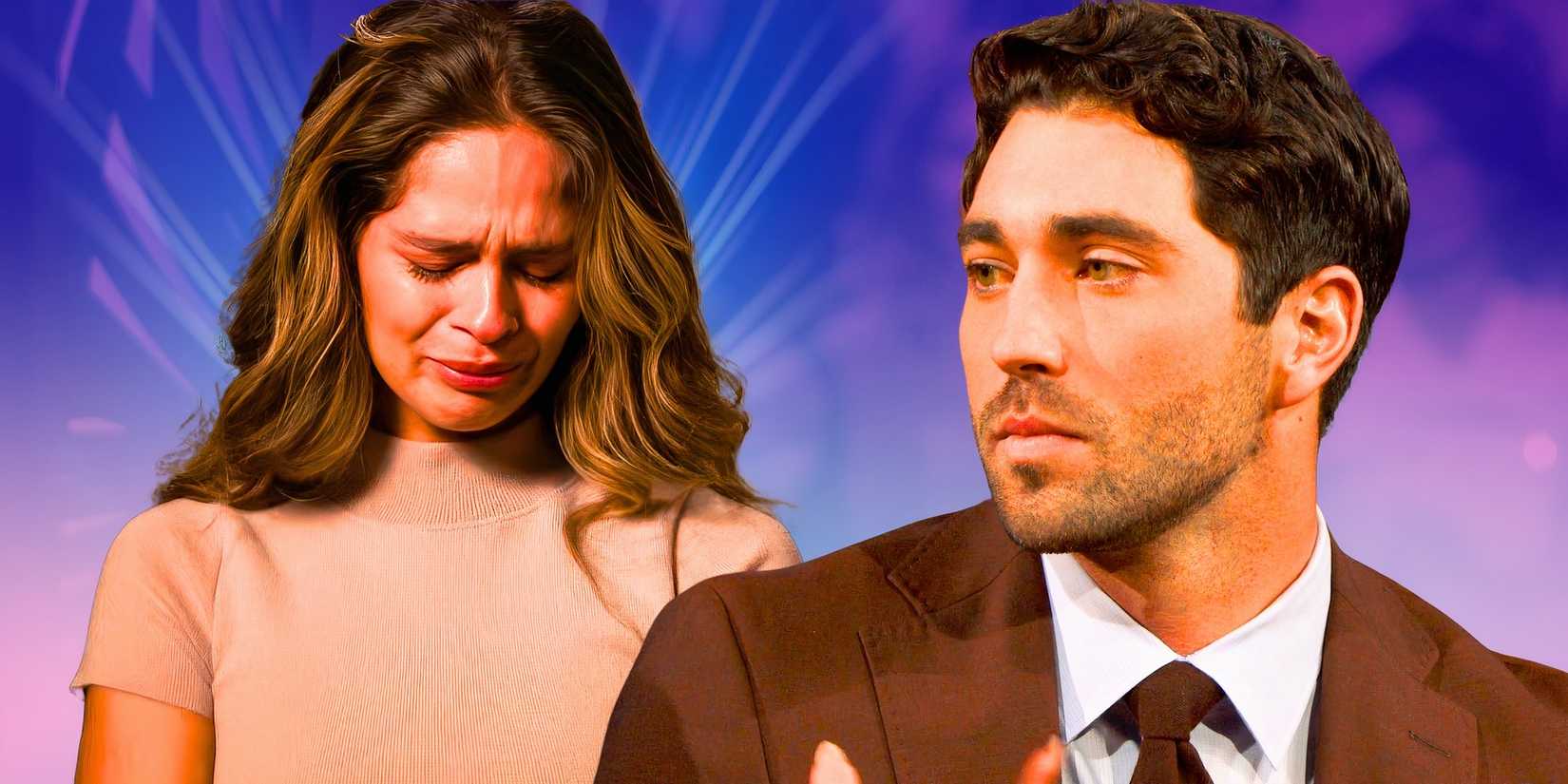 the bachelor stars kelsey anderson and joey graziadei in serious montage with blue and purple background
