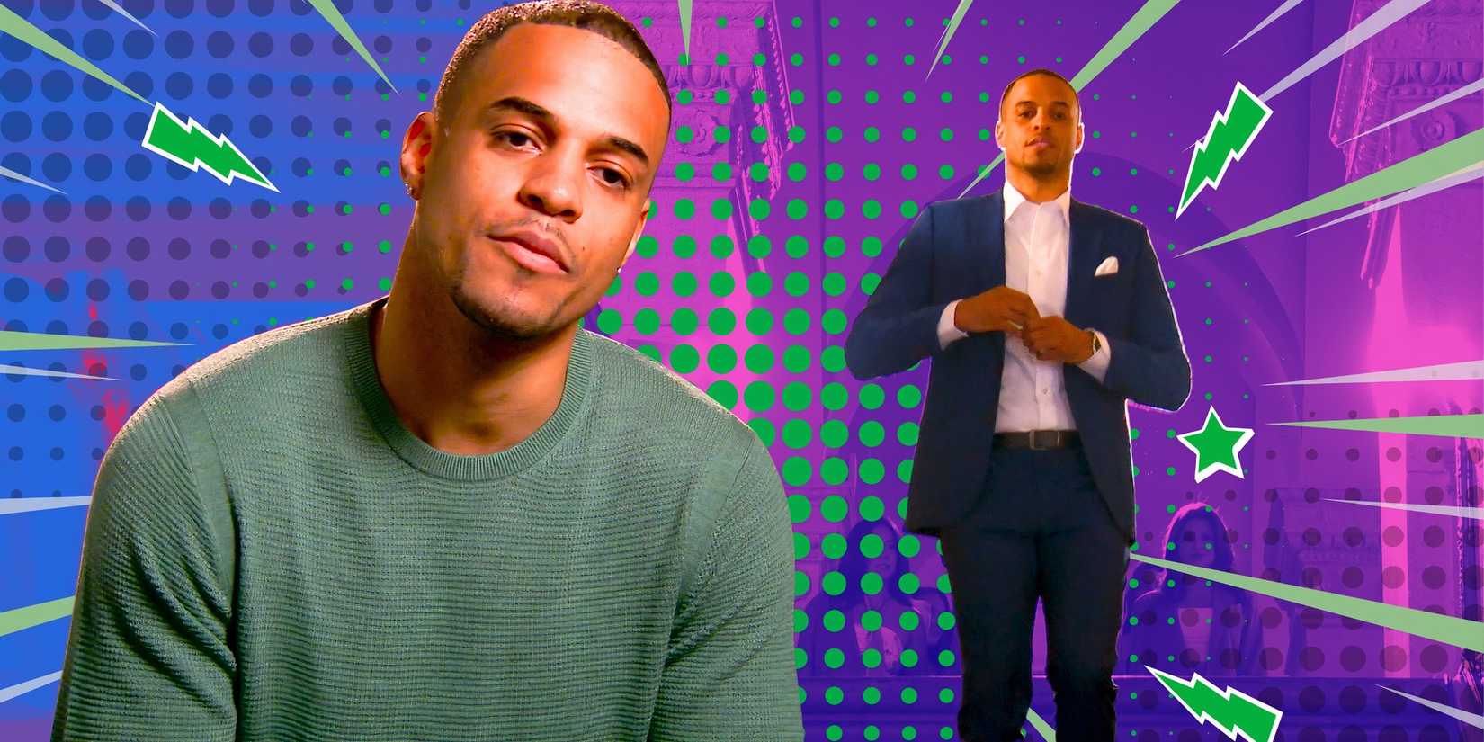 montage of the bachelor season 29 lead grant ellis in green sweater and suit with dot background