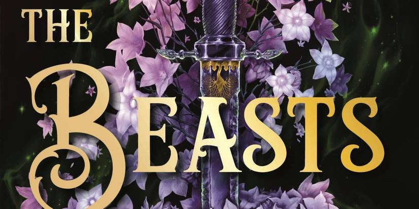 The Beasts We Bury cover with the title in gold, a sword, and light purple flowers against a black background