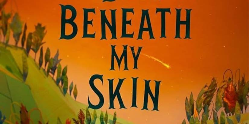 The Bones Beneath My Skin cover featuring a hill with trees, an orange sky, a shooting star, and black title text