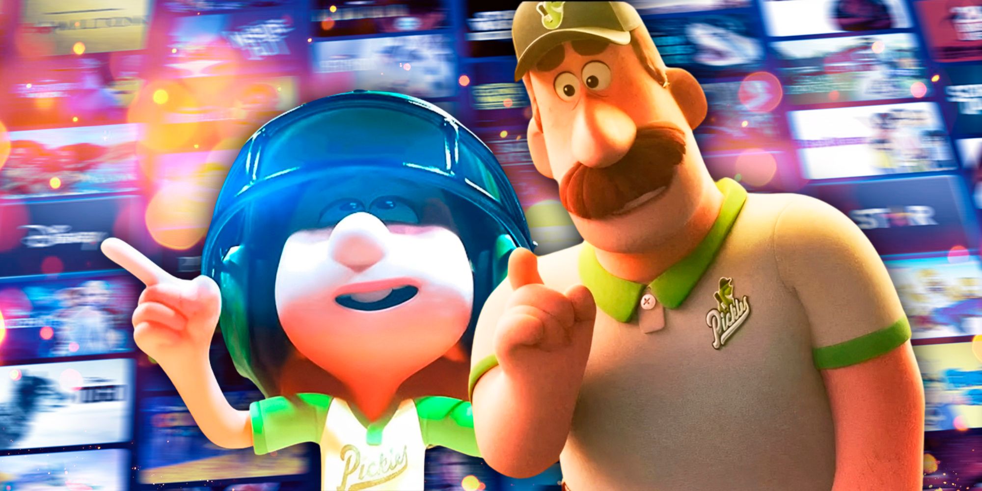 The coach and a player from Pixar's Win or Lose with Disney+ imagery in the background