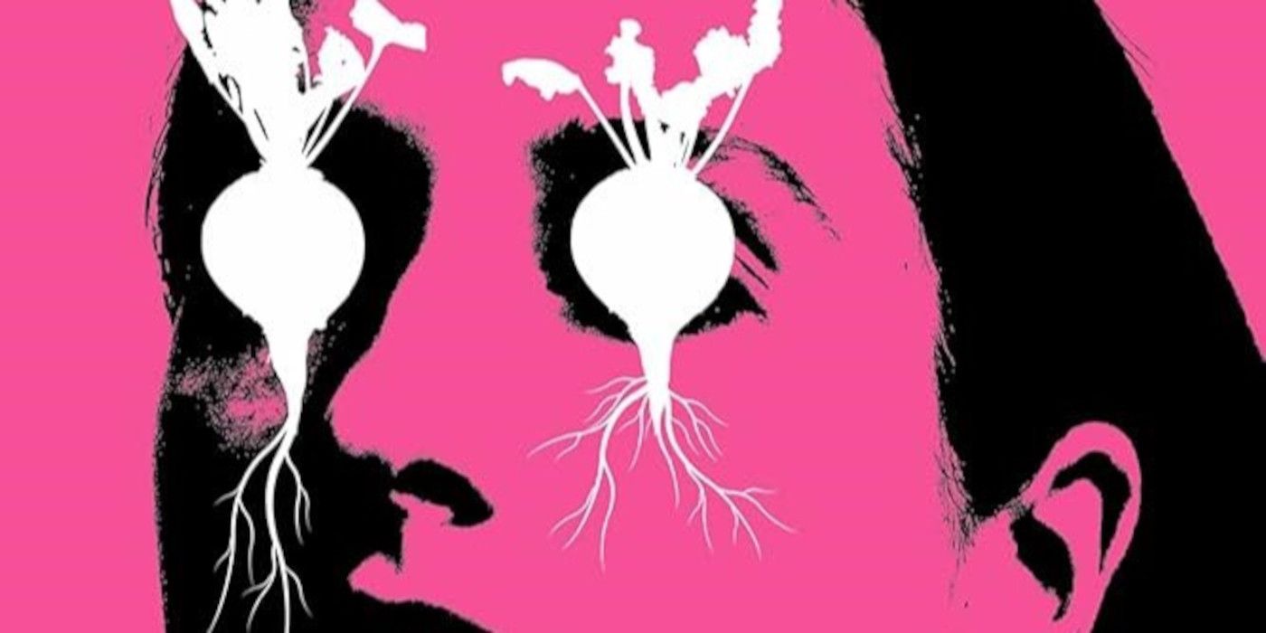 The cover of Beta Vulgaris featuring a woman's face colored pink with white root vegetables over her eyes