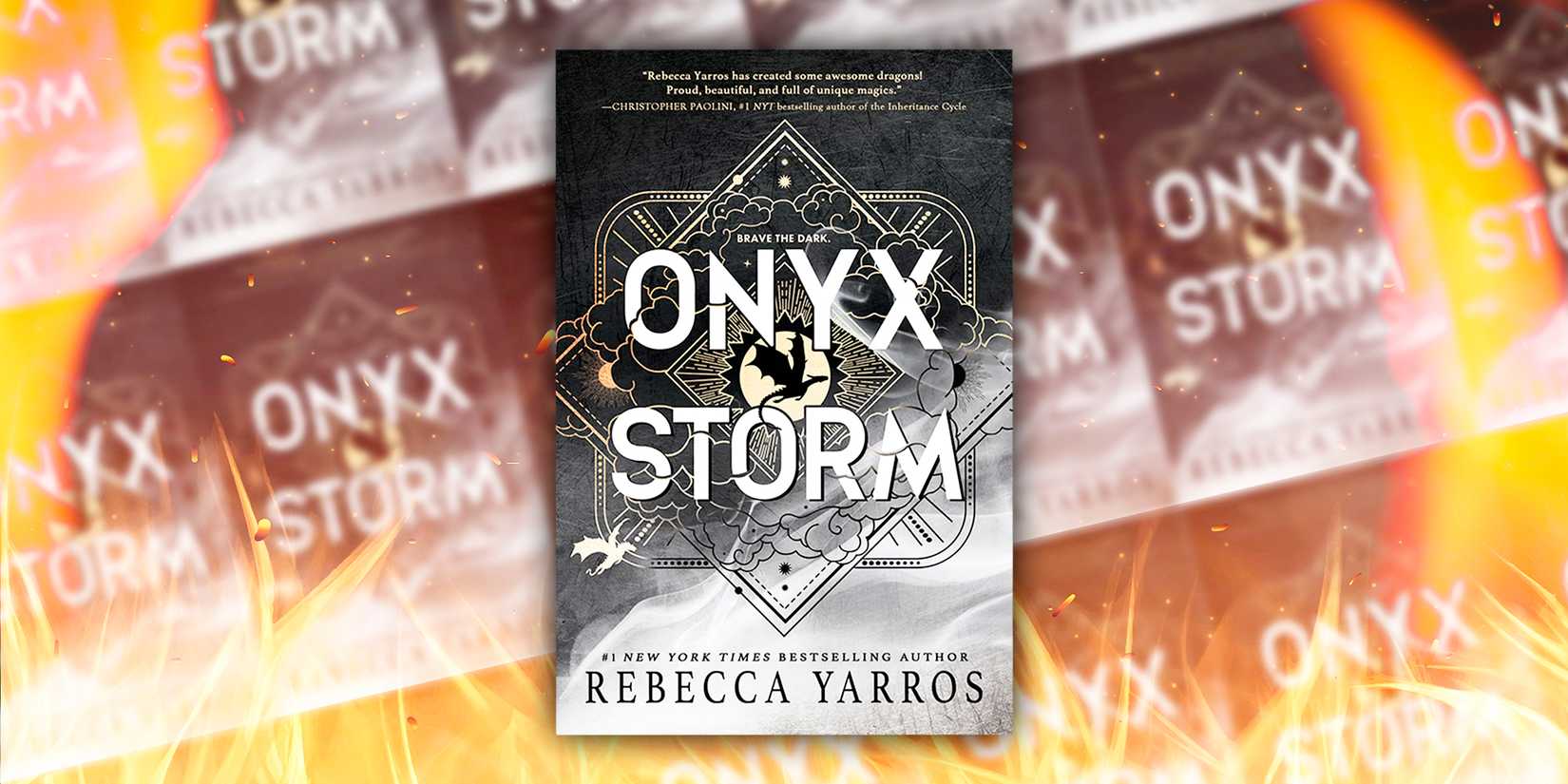 The cover of Onyx Storm by Rebecca Yarros with many covers lined up as the background and fire surrounding it
