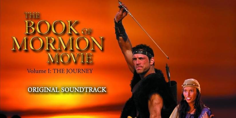 The cover of The Book of Mormon Volume 1 movie soundtrack with the cast in front of a sunrise.