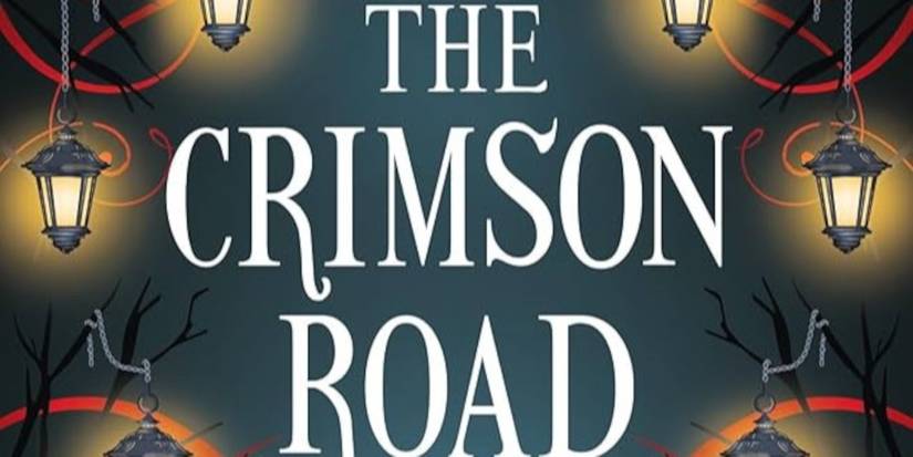 The Crimson Road cover featuring a blue background, white title text, and black lanterns