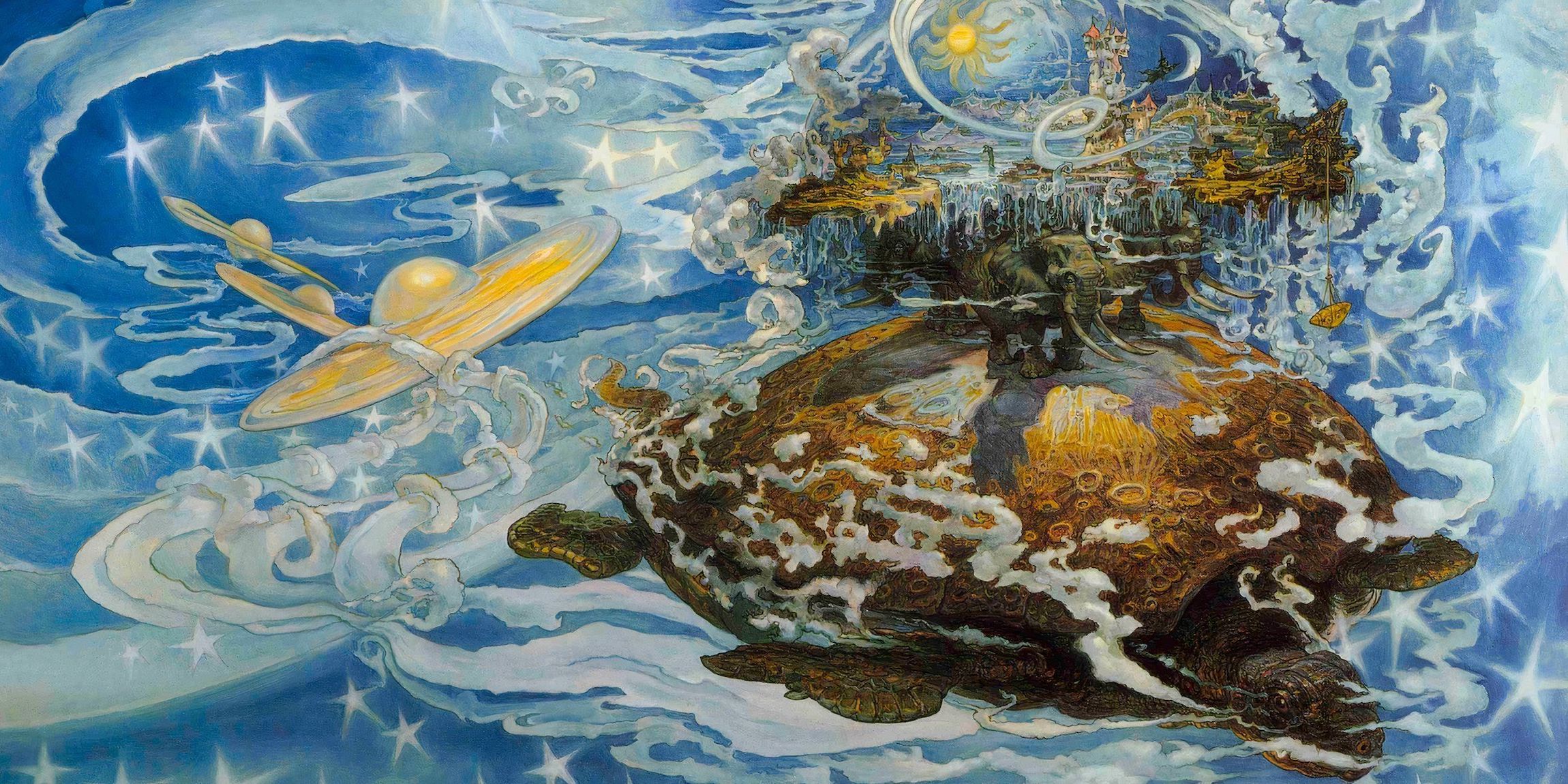 A drawing of the Discworld atop the elephants atop Great A'Tuin, floating through space