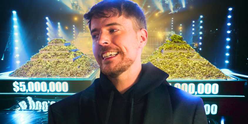 MrBeast grimaces with two huge piles of money from Beast Games behind him.