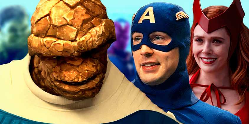 The Fantastic Four First Steps' The Thing talks to Captain America and Scarlet Witch wearing their comic book costumes