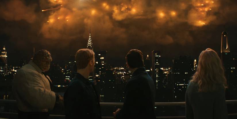 The Fantastic Four watch explosions in the distance over New York City in the Fantastic Four First Steps (2025)