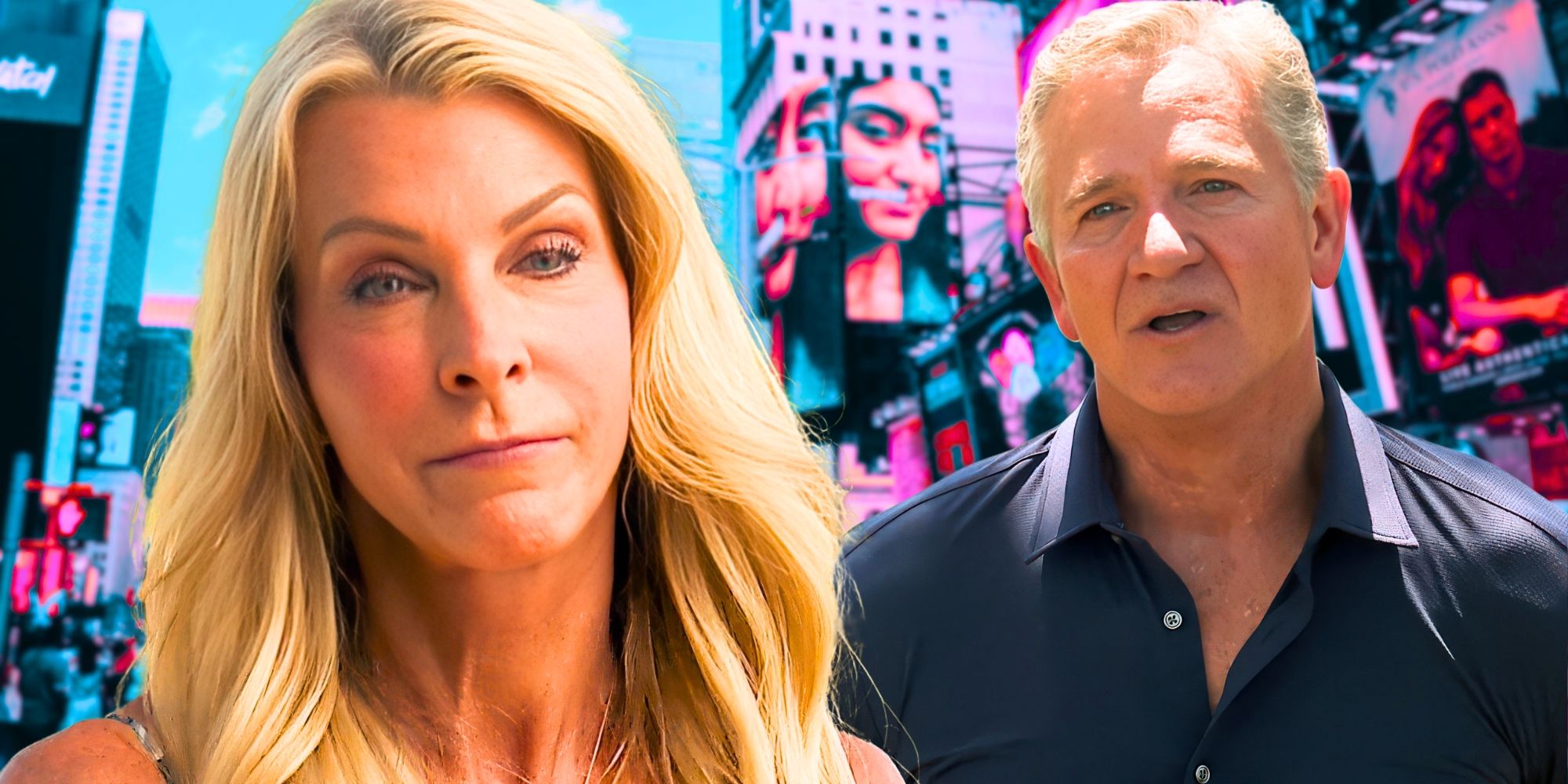 The Golden Bachelorette Joan Vassos &amp; Chock Chapple in side by side images looking concerned with New York background