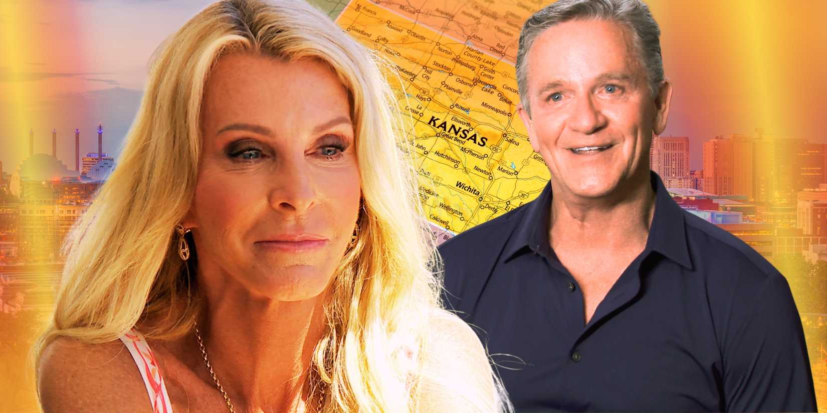 The Golden Bachelorette Joan Vassos & Chock Chapple in side by side images with Kansas map and city background