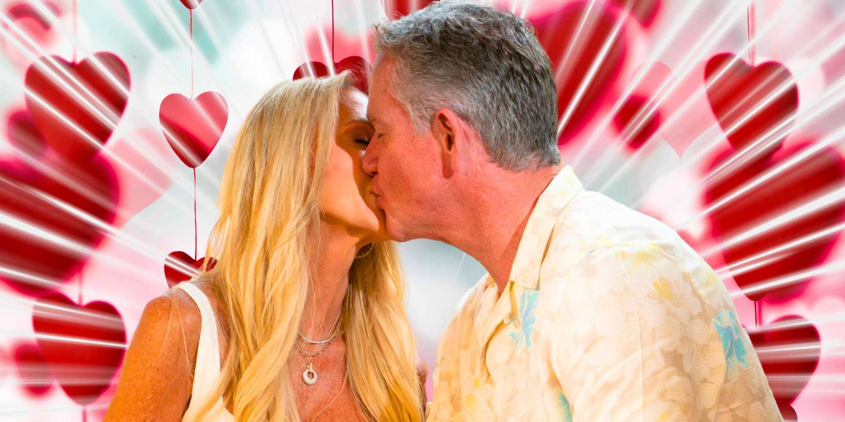 The Golden Bachelorette Joan Vassos & Chock Chapple kissing with heart background