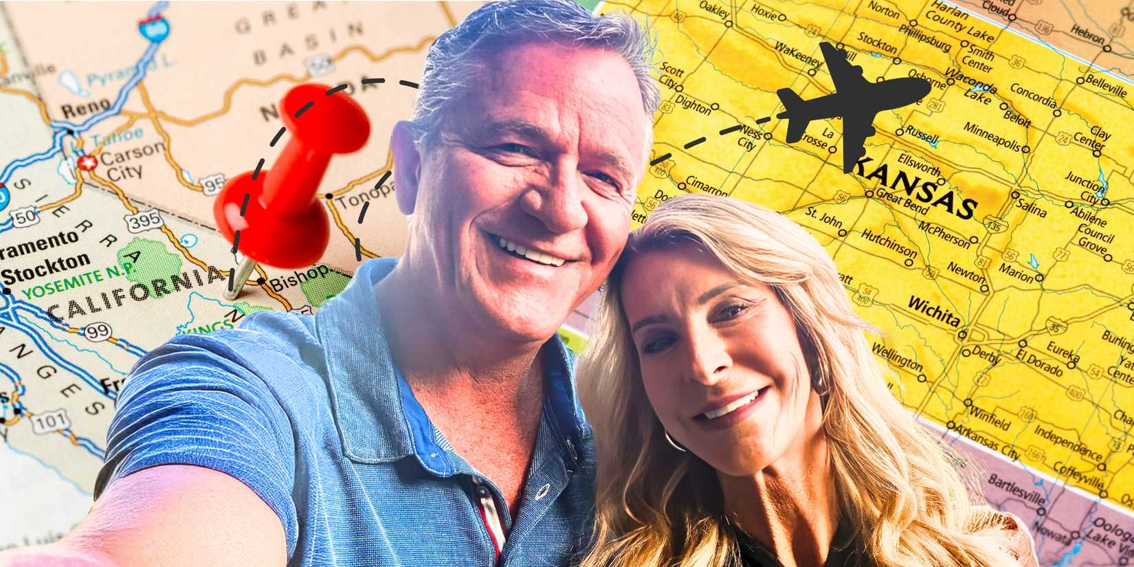 The Golden Bachelorette’s Joan Vassos and Chock Chapple smile in front of maps of California and Kansas.