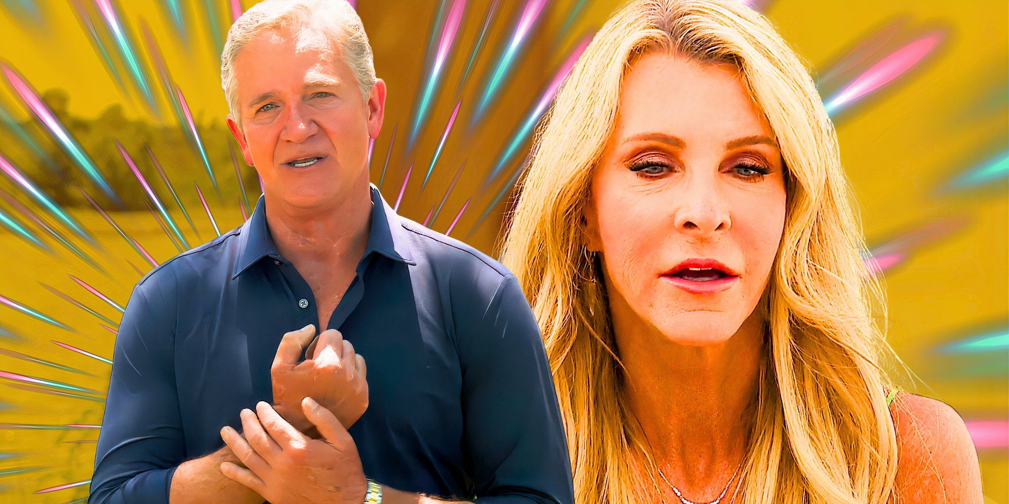 the golden bachelorette stars chock chapple and joan vassos looking pensive in montage with yellow background