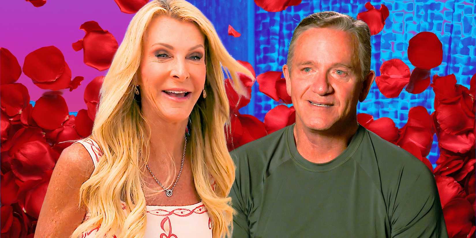 image of Joan Vassos And Chock Chapple from the golden bachelorette laughing and smiling with rose petals behind them