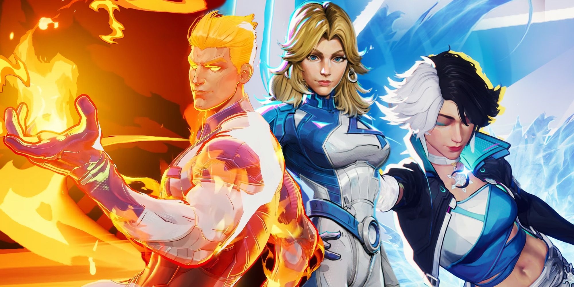 The Human Torch from Marvel Rivals with Luna Snow and The Invisible Woman