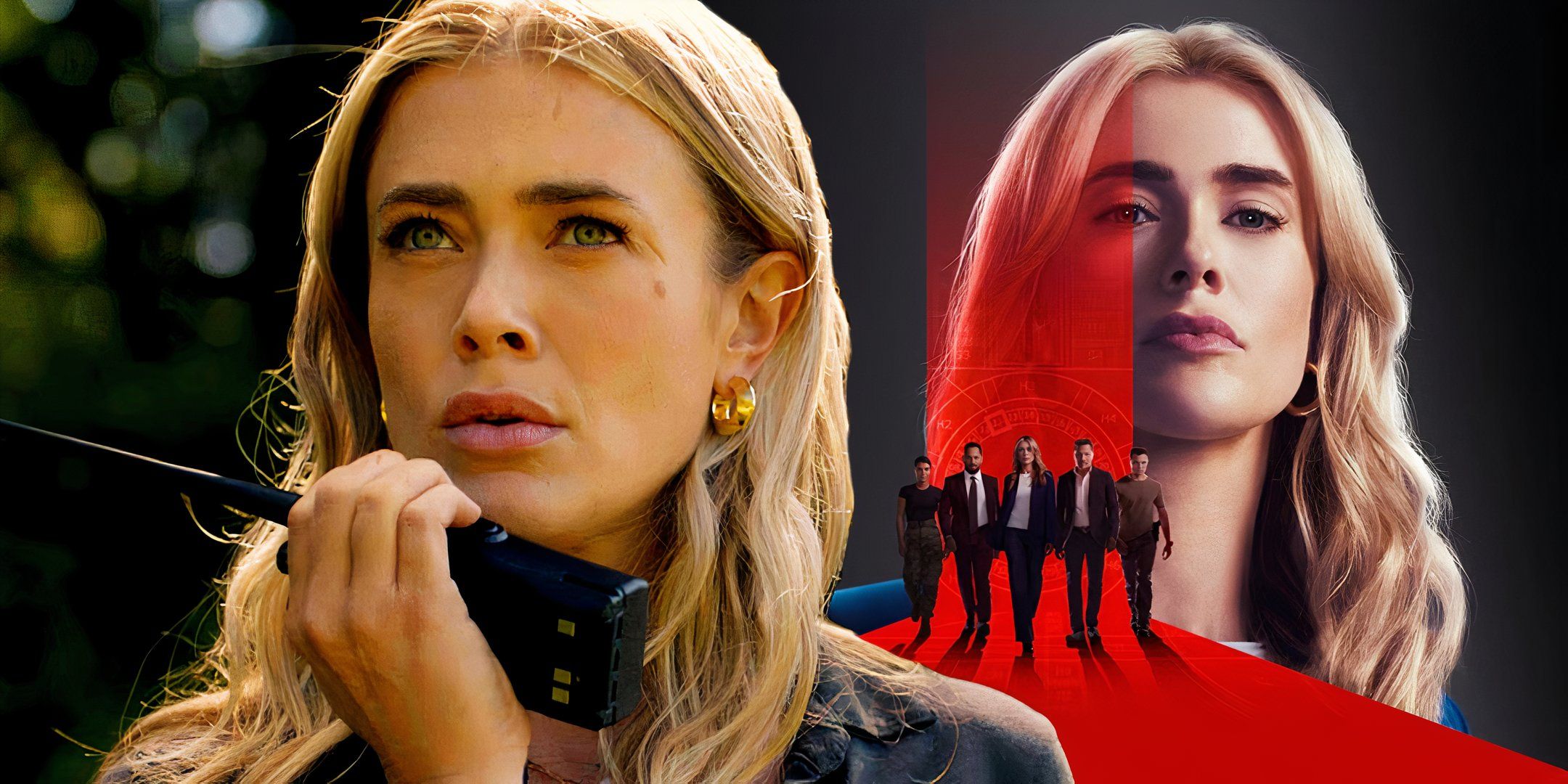 A composite image of Bex talking into a walkie talkie in front of a promo image of The Hunting Party featuring the cast