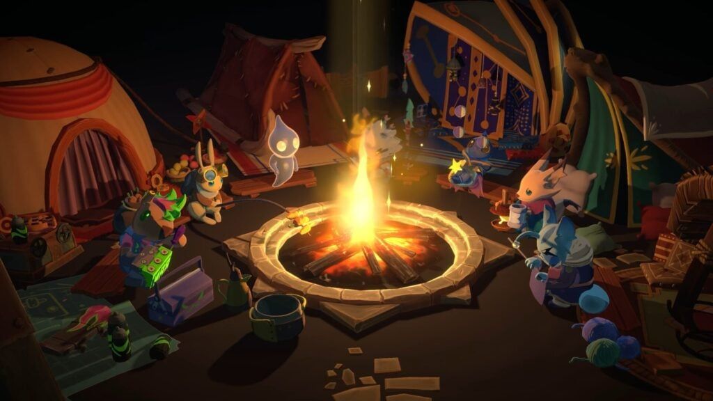 Screenshot of The Lonesome Guild from DON'T NOD and Tiny Bull studios of the characters sitting around a campfire.