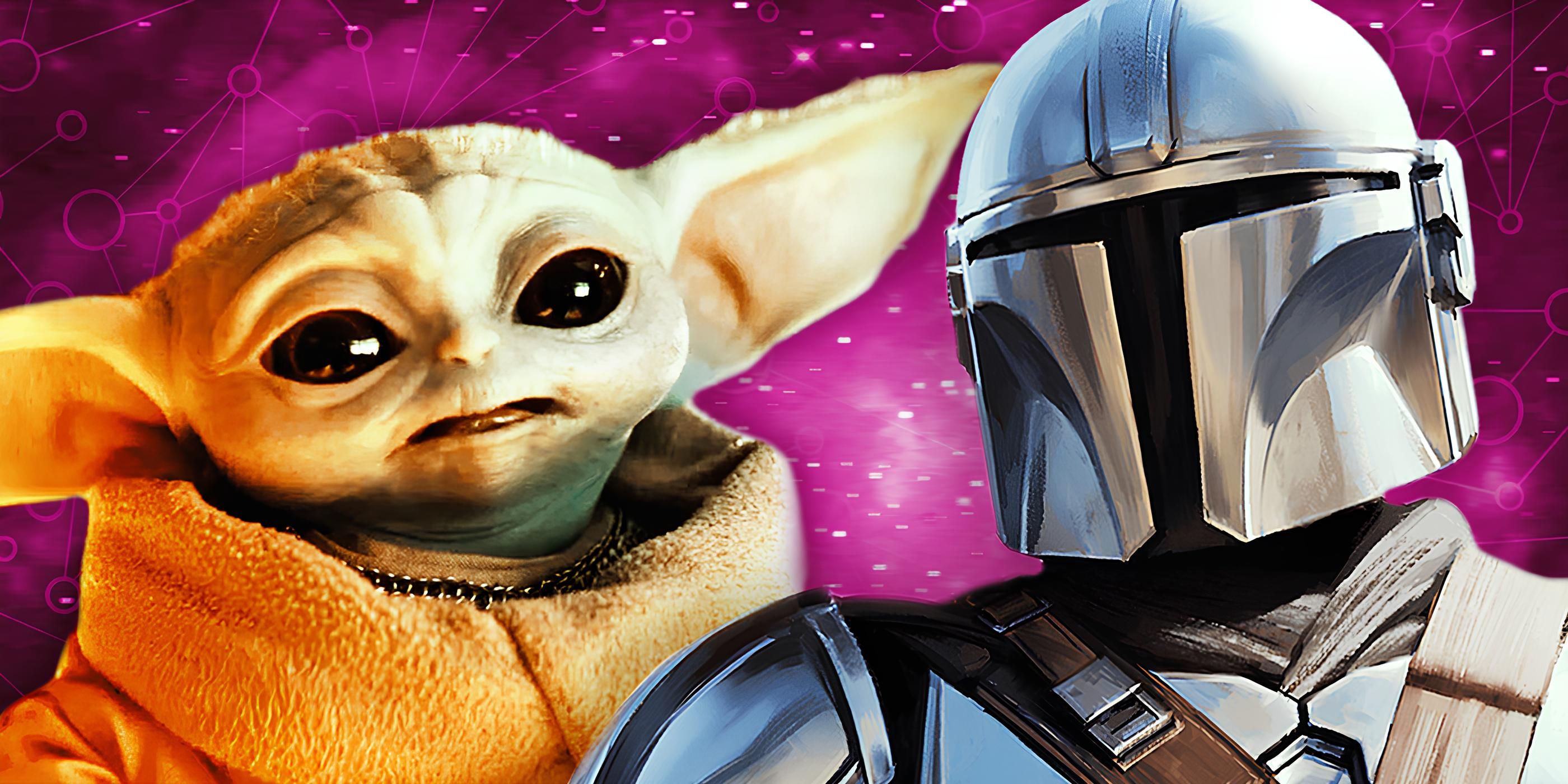 Grogu to the left and Din Djarin in his helmet to the right in front of a pink/purple background