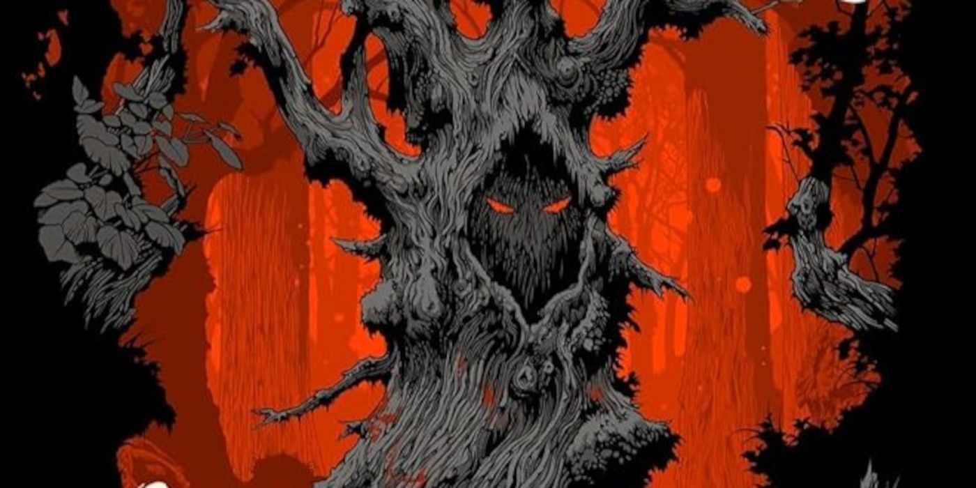 The Poorly Made and Other Things cover featuring a black tree with red eyes peeking out and a red forest