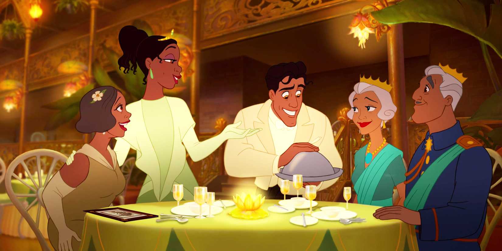 The Princess and the Frog Tiana with her mother Prince Naveen and his parents at her restaurant