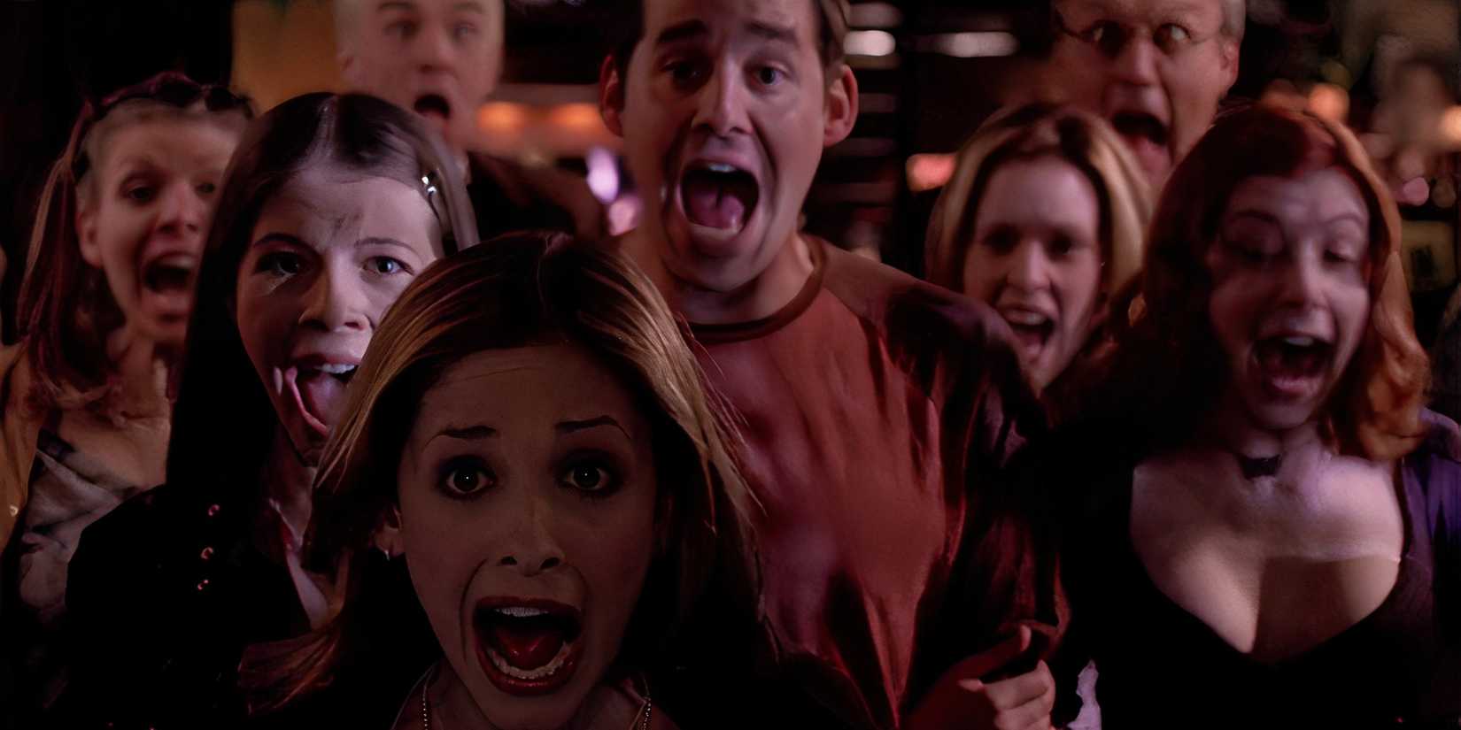 The Scooby Gang screaming at something in Buffy the Vampire Slayer.