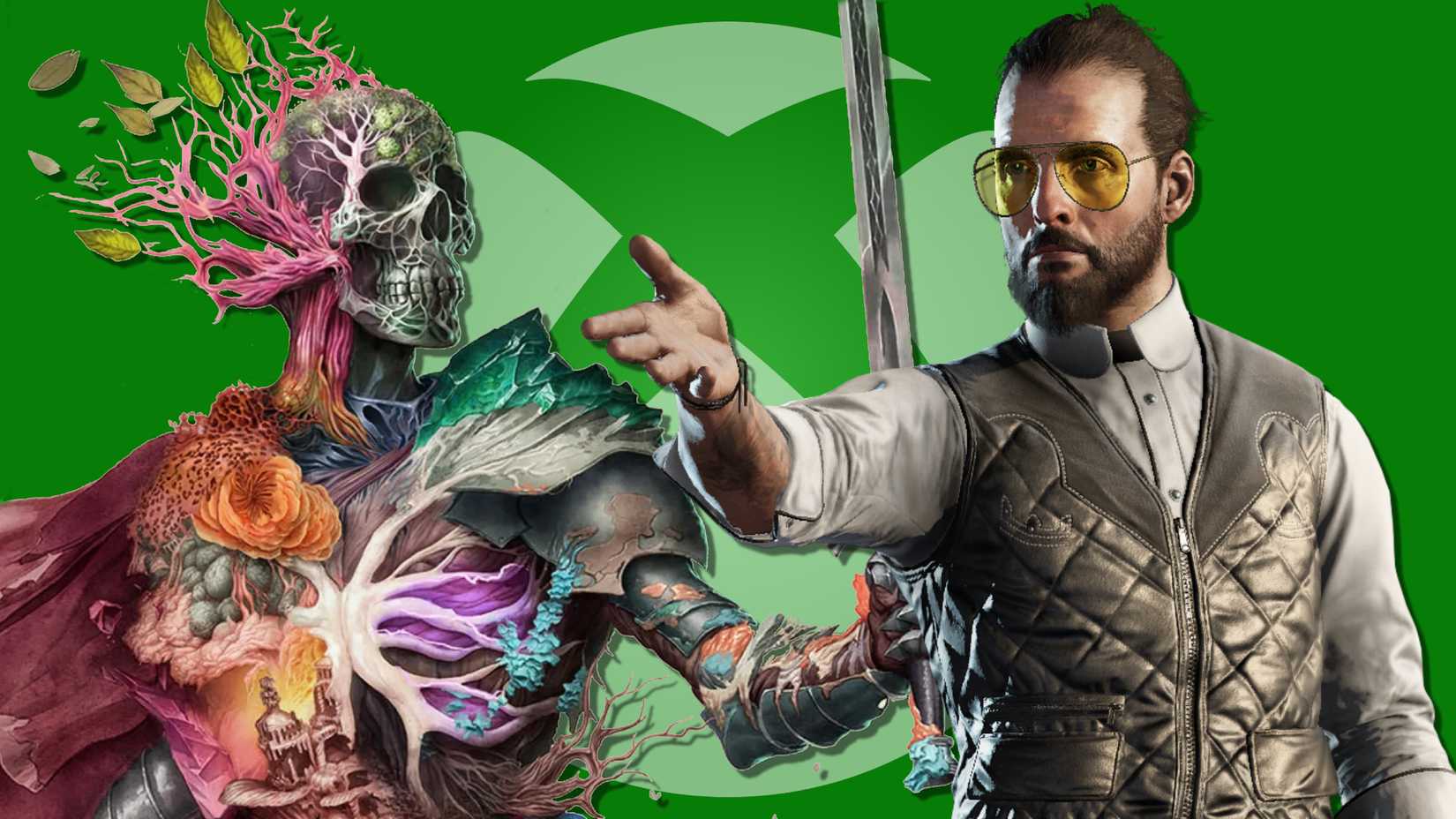 The skeleton-plant creature from Avowed and Joseph Seed from Far Cry in front of the Xbox logo.
