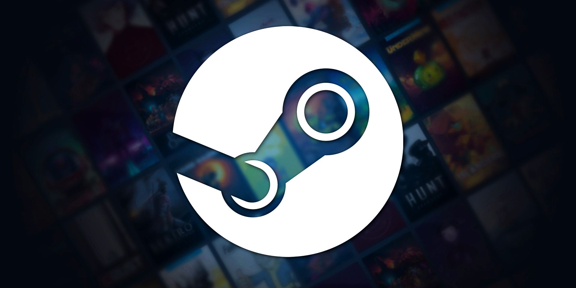 The Steam logo in front of a screenshot of a library full of games.