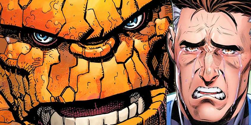 Fantastic Four's the Thing with Reed Richards crying next to him.