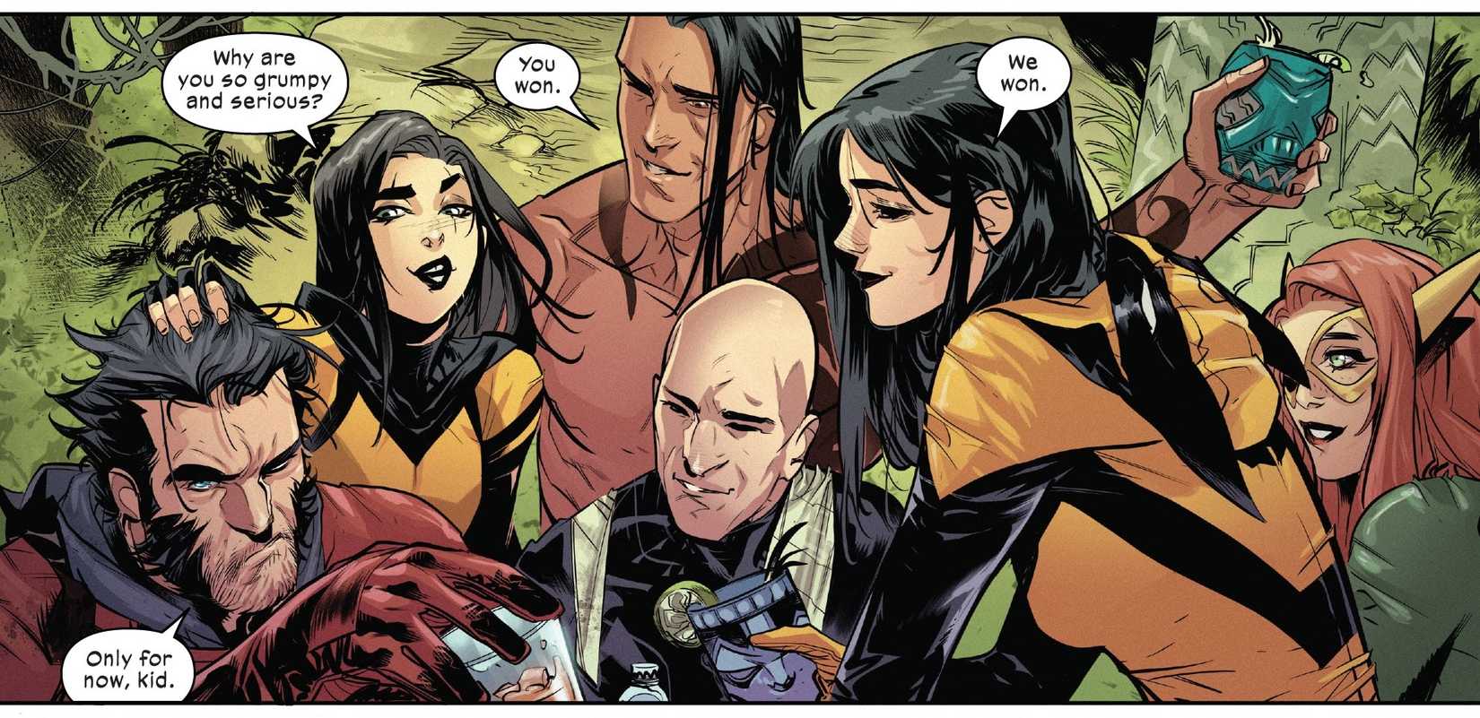 Wolverine, Gabby, Akihiro, Laura, Jean Grey, and Professor X celebrating a victory.