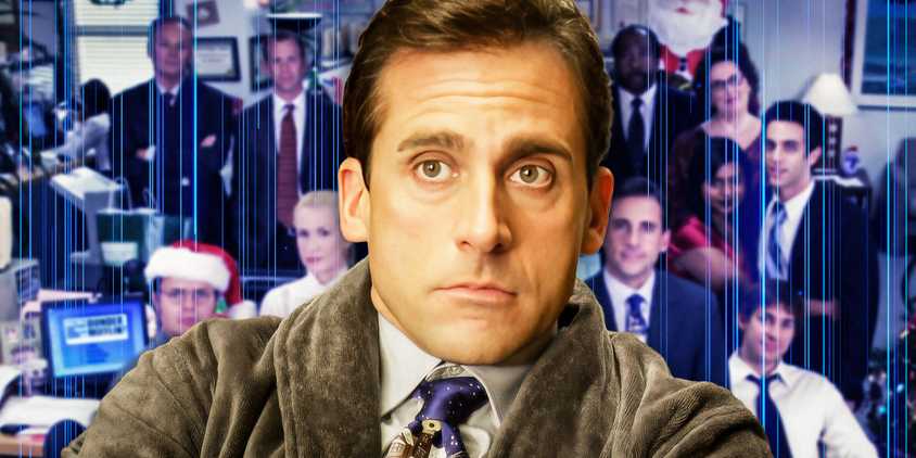 An edited image of Steve Carell as Michael Scott in The Office with a picture of the office employees in the background.