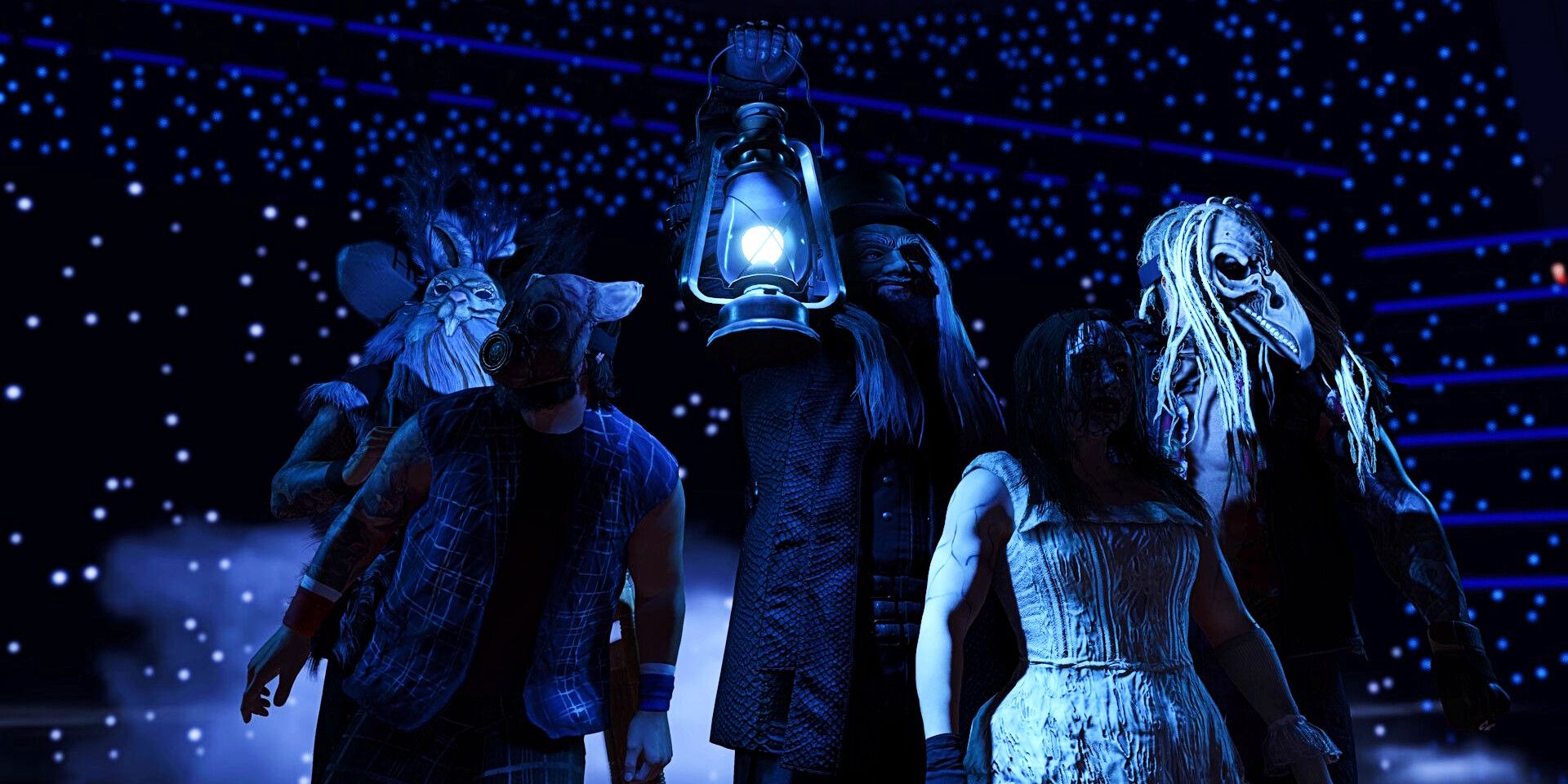 The Wyatt Sicks making an entrance with a blue lantern in a screenshot from WWE 2K25.
