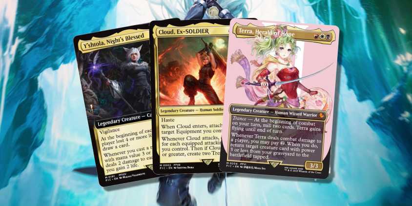 The Y'shtola, Cloud, and Terra Commander cards from Magic the Gathering's Final Fantasy set, pictured with Sephiroth plunging downward with his sword.