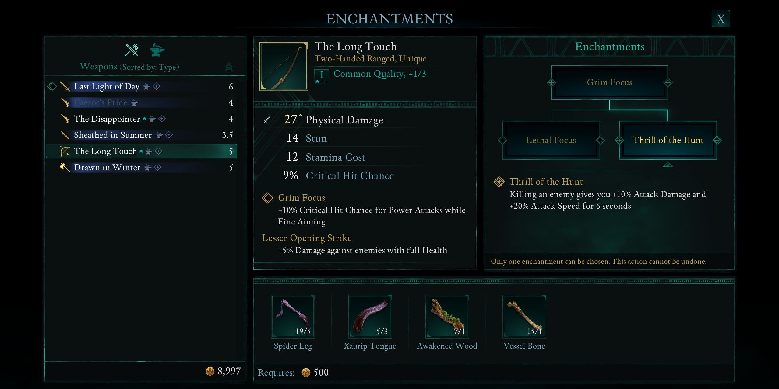 The enchantment screen for the unique bow, The Long Touch in Avowed