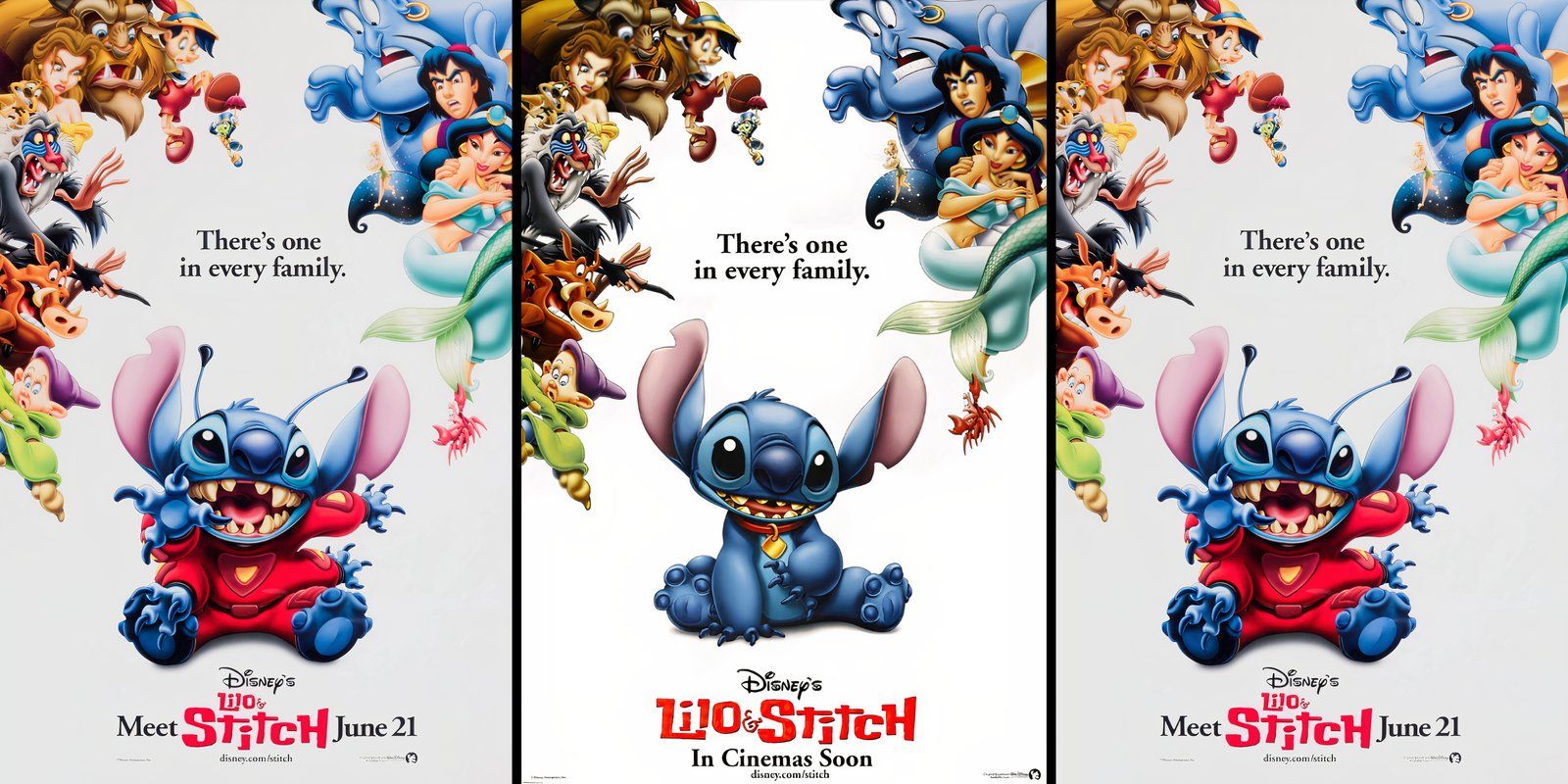 The Lilo & Stitch promotional image shows Stitch surrounded by characters from Aladdin, The Little Mermaid, The Lion King, Beauty and The Beast, Pinocchio, and Snow White.