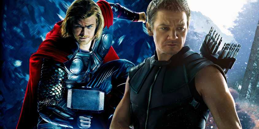 The poster for Thor (2011) next to Hawkeye in Avengers: Age of Ultron (2015)