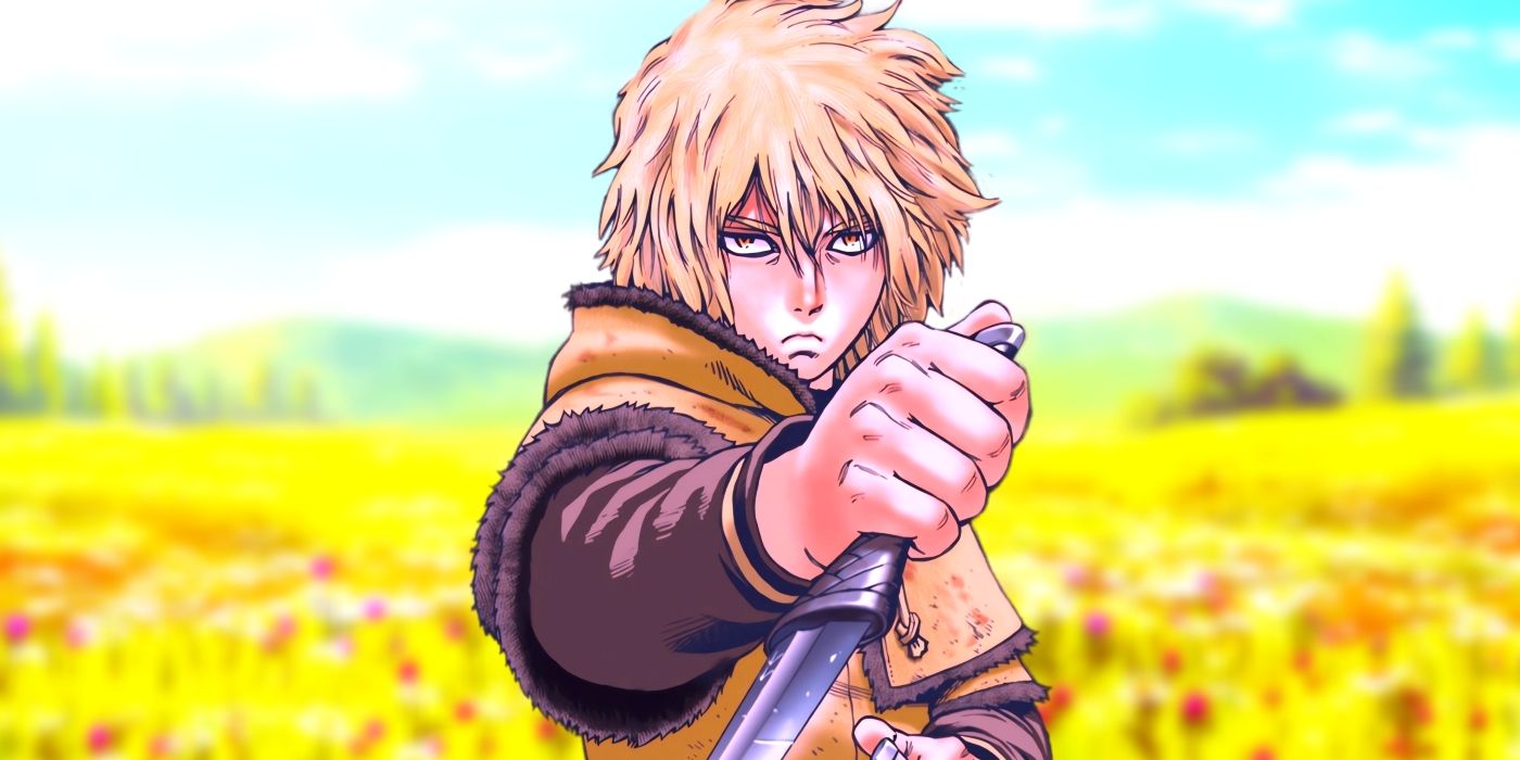 Thorfinn holding a pair of knives. Behind him, a flower field can be seen.