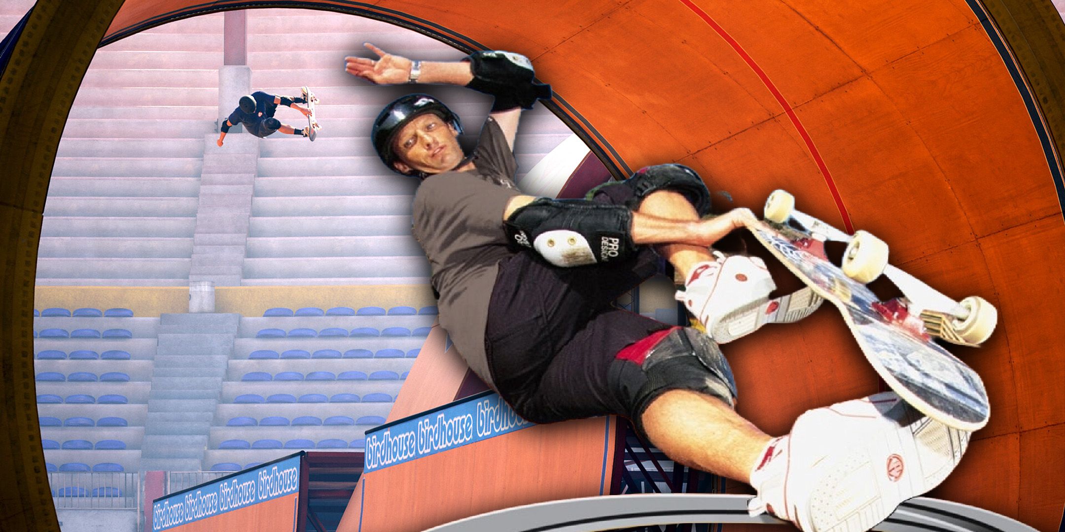 Tony Hawk da capa do THPS 4 em frente a uma imagem de jogabilidade do remake THPS 1 + 2