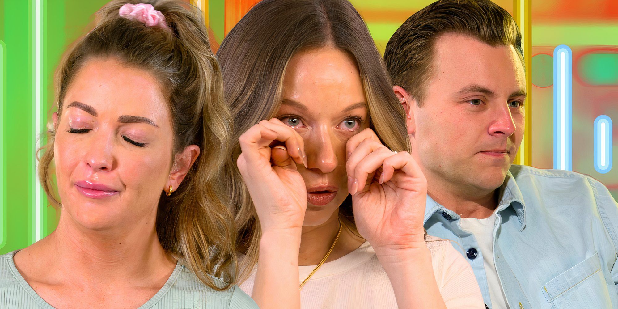 three Love Is Blind Season 7 cast members in dramatic montage with bright background