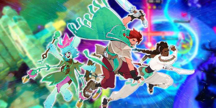 Three Seekers of Skyveil heroes against a starburst background and two blurred screenshots of the game in action